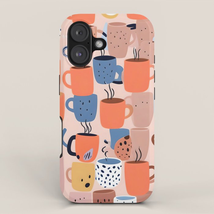 Tea Cups Whimsy, Coffee Mugs Quirky Illustration, Whimsical Halloween Pattern Hot Soup, Fall Autumn Line Drawing Pastel, Eclectic Bohemian Painting iPhone Case Gallery Image 1
