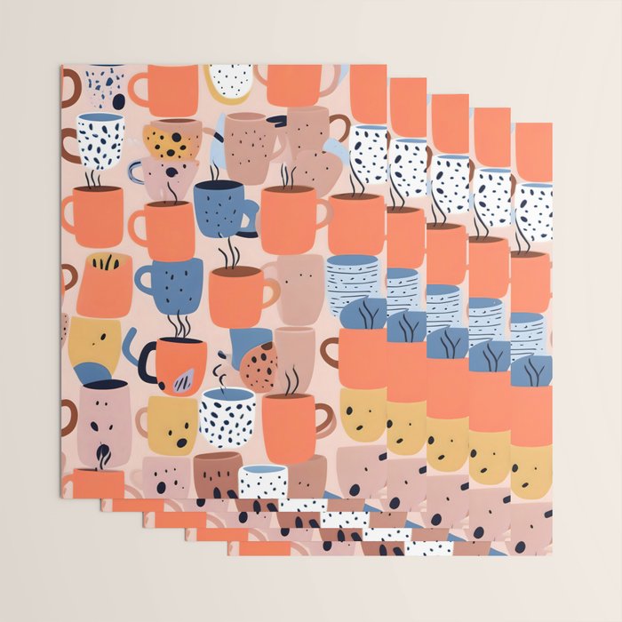 Tea Cups Whimsy, Coffee Mugs Quirky Illustration, Whimsical Halloween Pattern Hot Soup, Fall Autumn Line Drawing Pastel, Eclectic Bohemian Painting Wrapping Paper Gallery Image 3