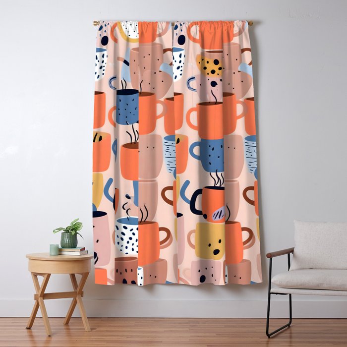 Tea Cups Whimsy, Coffee Mugs Quirky Illustration, Whimsical Halloween Pattern Hot Soup, Fall Autumn Line Drawing Pastel, Eclectic Bohemian Painting Window Curtain Gallery Image 5