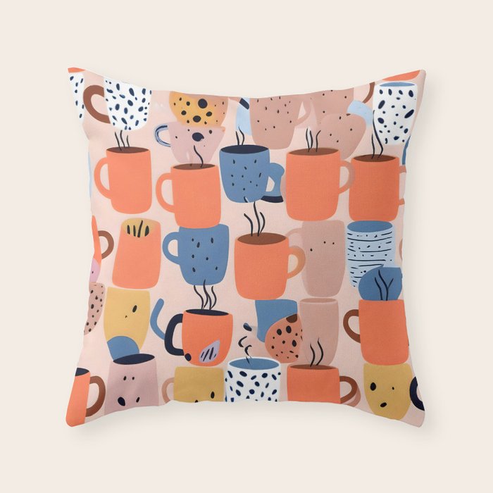 Tea Cups Whimsy, Coffee Mugs Quirky Illustration, Whimsical Halloween Pattern Hot Soup, Fall Autumn Line Drawing Pastel, Eclectic Bohemian Painting Throw Pillow Gallery Image 1