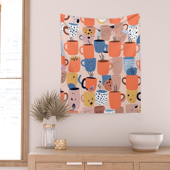 Tea Cups Whimsy, Coffee Mugs Quirky Illustration, Whimsical Halloween Pattern Hot Soup, Fall Autumn Line Drawing Pastel, Eclectic Bohemian Painting Wall Tapestry Gallery Image 2