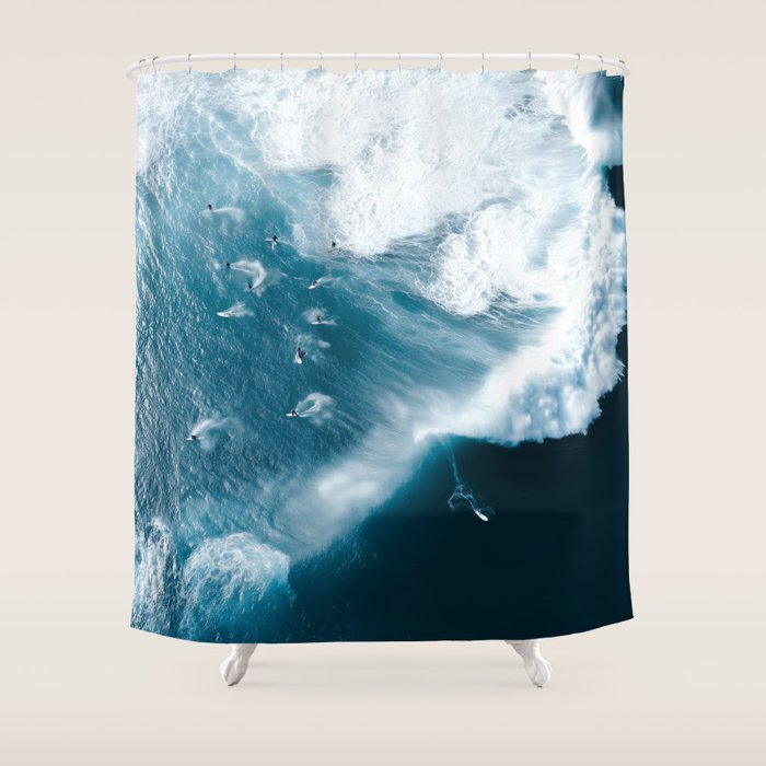 Surfers in Motion - Aerial Ocean Wave Photography Shower Curtain Gallery Image 1