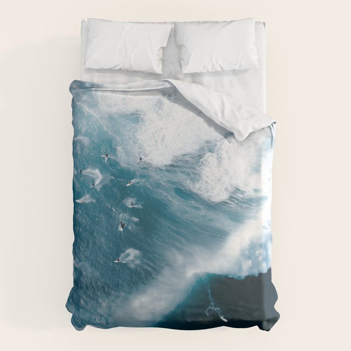 Surfers in Motion - Aerial Ocean Wave Photography Duvet Cover Gallery Image 1