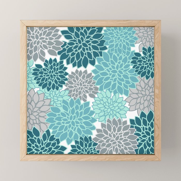 Dahlia Floral Blooms in Teal and Gray Mini Art Print Gallery Image 1