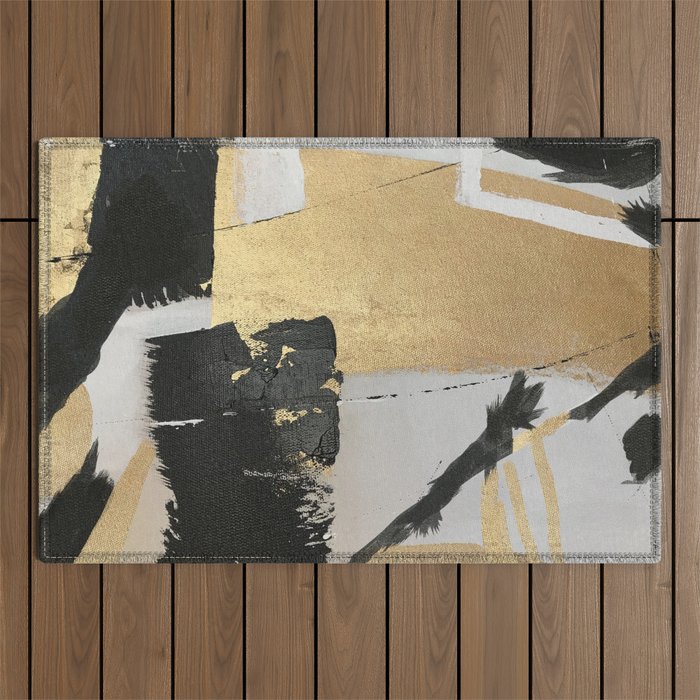 Gold leaf black abstract Outdoor Rug Gallery Image 1