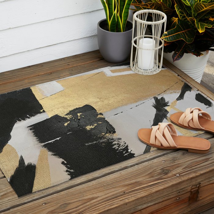 Gold leaf black abstract Outdoor Rug Gallery Image 2