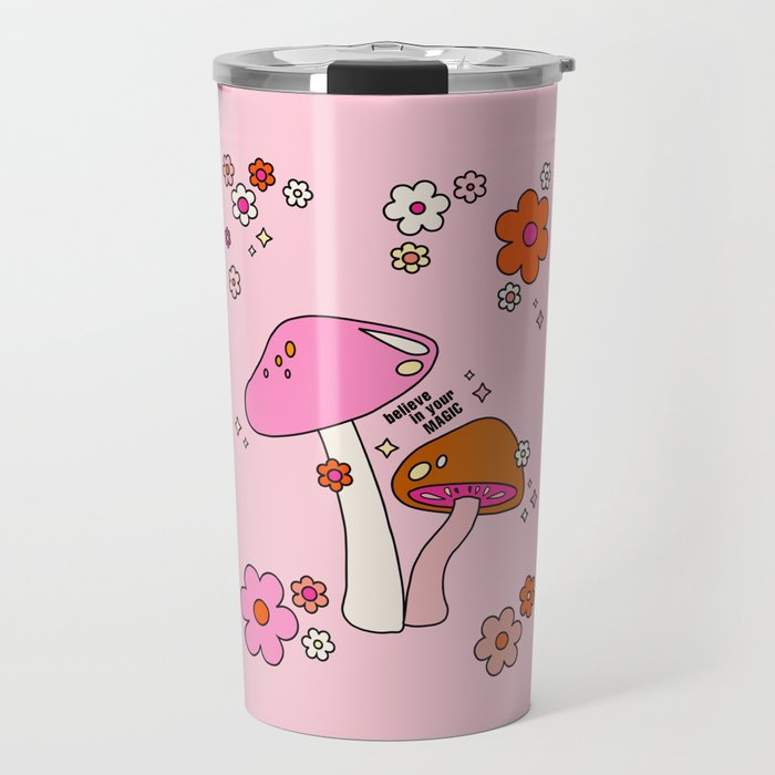 Colorful Mushrooms And Flowers In Pink Travel Mug Gallery Image 1