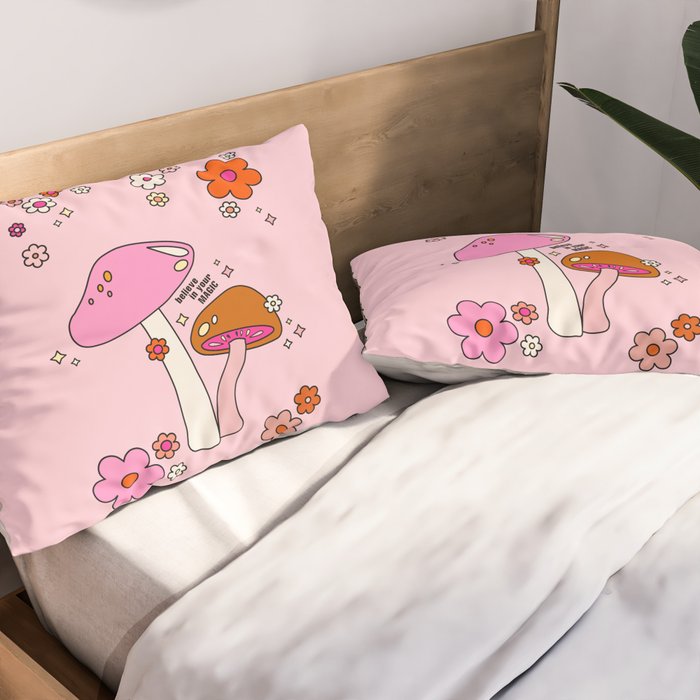 Colorful Mushrooms And Flowers In Pink Pillow Sham Gallery Image 2