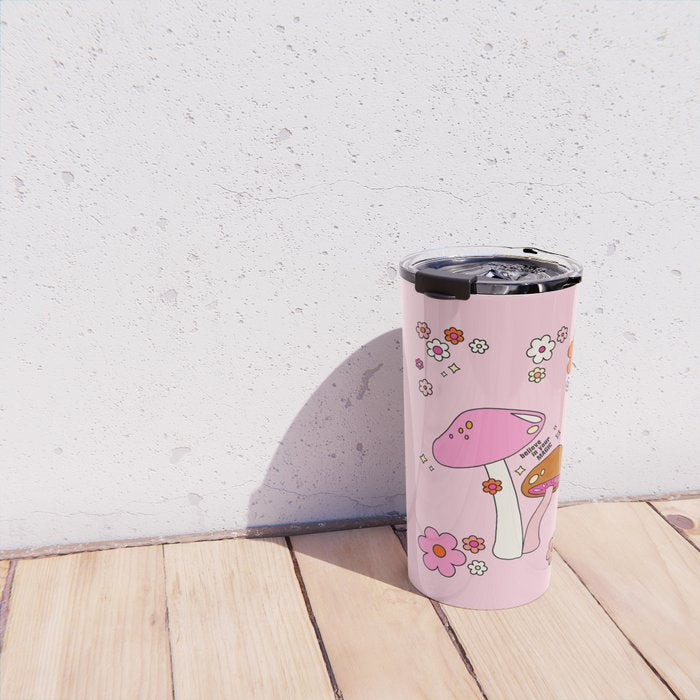 Colorful Mushrooms And Flowers In Pink Travel Mug Gallery Image 4