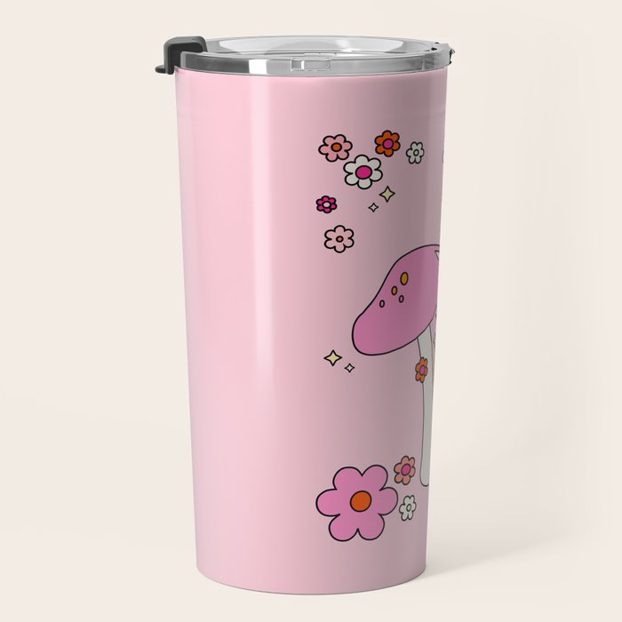 Colorful Mushrooms And Flowers In Pink Travel Mug Gallery Image 3