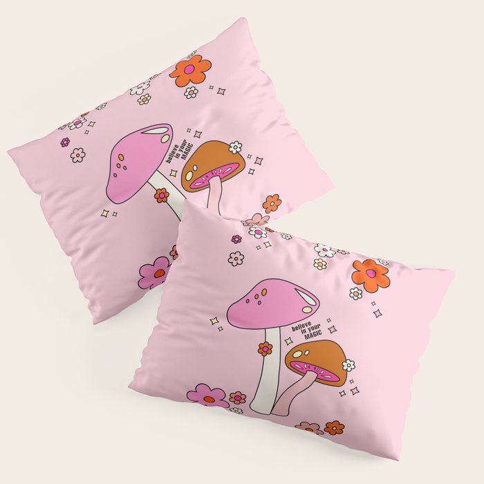 Colorful Mushrooms And Flowers In Pink Pillow Sham Gallery Image 3