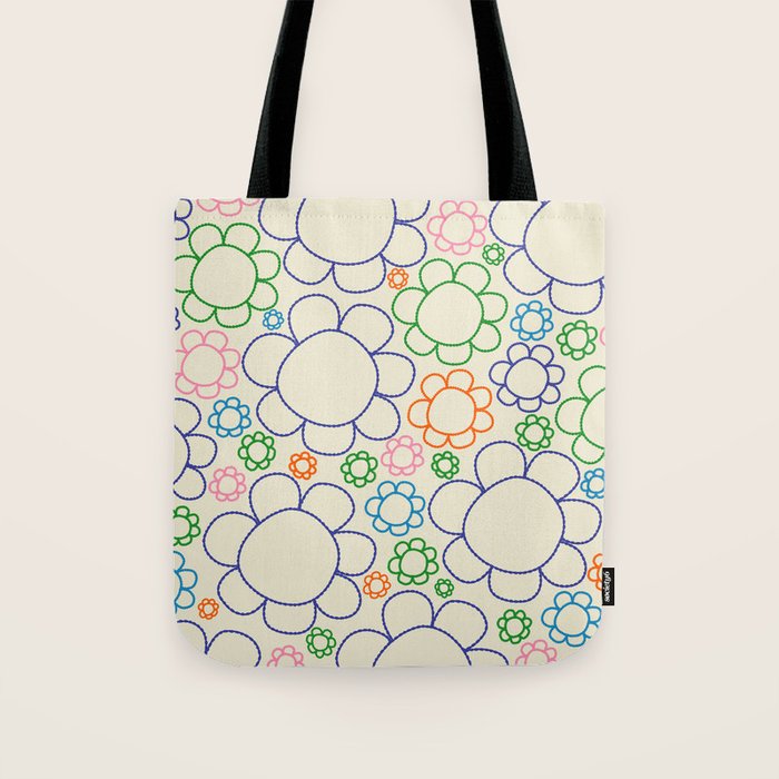 Cheerful Doodle Flowers Retro Floral Pattern Tote Bag Gallery Image 1