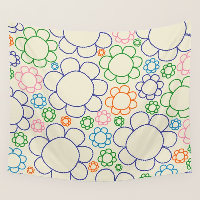 Cheerful Doodle Flowers Retro Floral Pattern Wall Tapestry Gallery Image 4