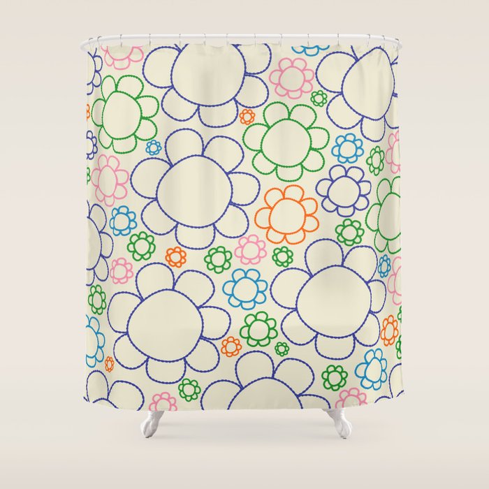 Cheerful Doodle Flowers Retro Floral Pattern Shower Curtain Gallery Image 1