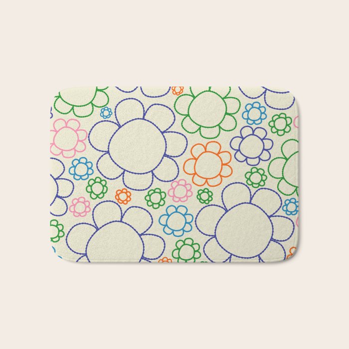Cheerful Doodle Flowers Retro Floral Pattern Bath Mat Gallery Image 1