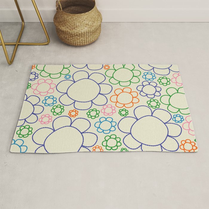 Cheerful Doodle Flowers Retro Floral Pattern Rug Gallery Image 1