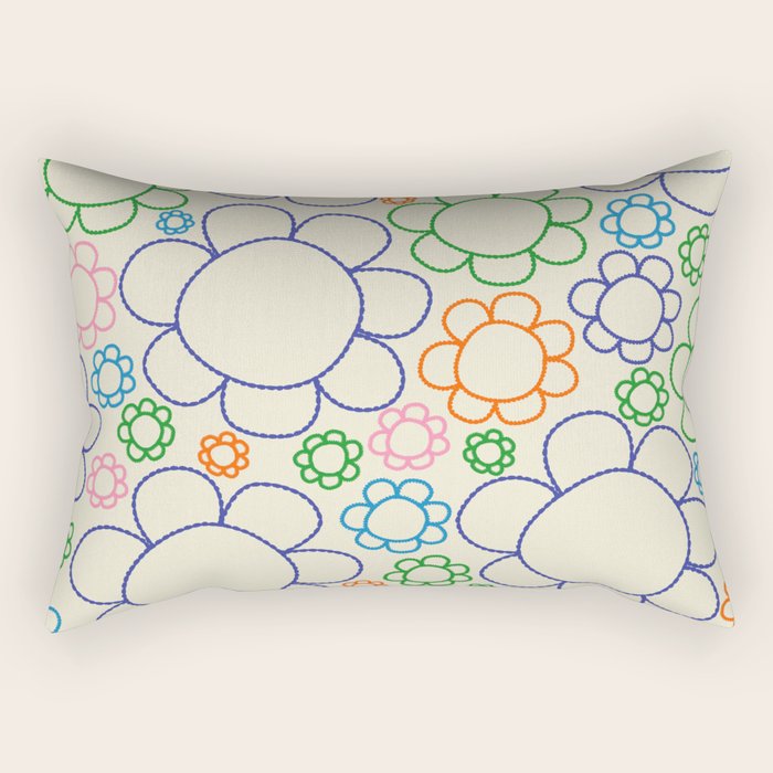 Cheerful Doodle Flowers Retro Floral Pattern Rectangular Pillow Gallery Image 2