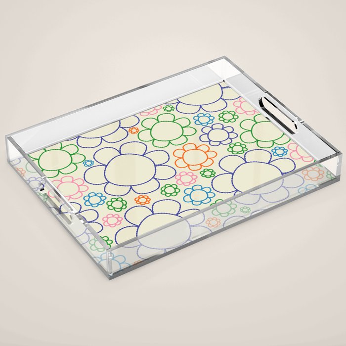 Cheerful Doodle Flowers Retro Floral Pattern Acrylic Tray Gallery Image 1