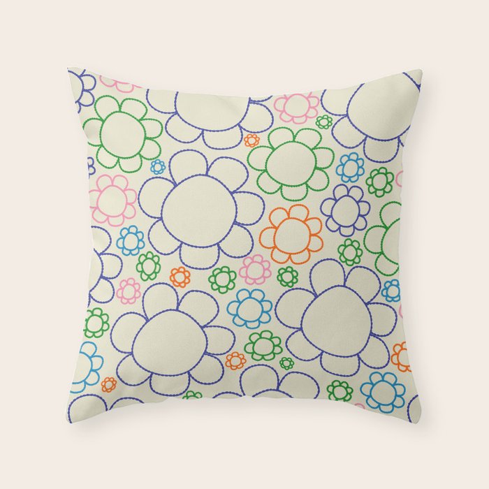 Cheerful Doodle Flowers Retro Floral Pattern Throw Pillow Gallery Image 1