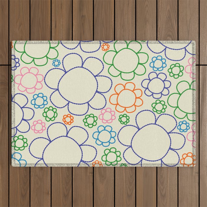 Cheerful Doodle Flowers Retro Floral Pattern Outdoor Rug Gallery Image 1