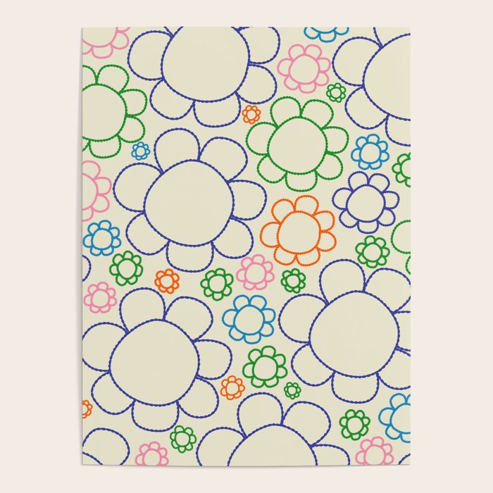 Cheerful Doodle Flowers Retro Floral Pattern Poster Gallery Image 1