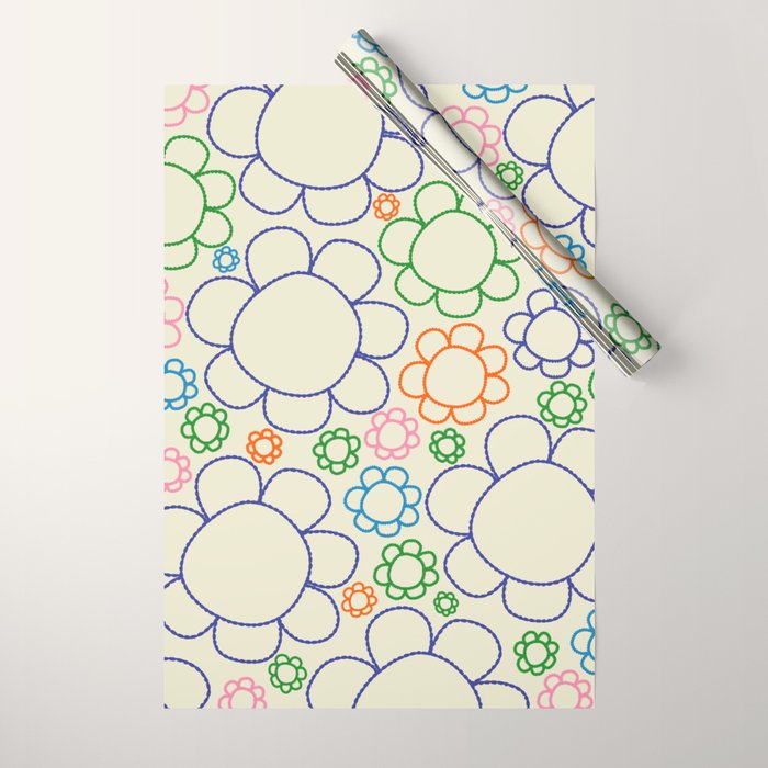 Cheerful Doodle Flowers Retro Floral Pattern Wrapping Paper Gallery Image 1
