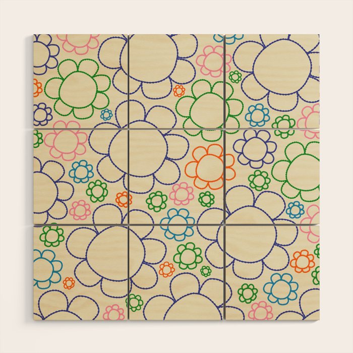 Cheerful Doodle Flowers Retro Floral Pattern Wood Wall Art Gallery Image 1