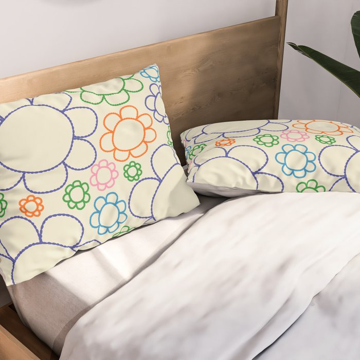 Cheerful Doodle Flowers Retro Floral Pattern Pillow Sham Gallery Image 2