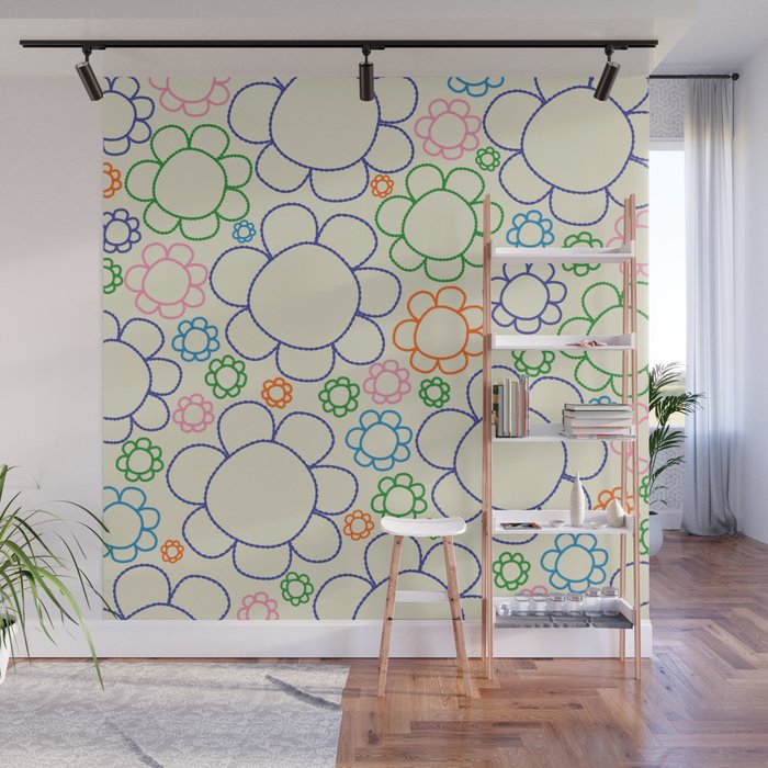 Cheerful Doodle Flowers Retro Floral Pattern Wall Mural Gallery Image 1