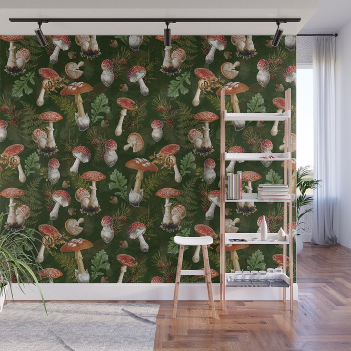 Vintage Dark Night Green Mushroom Forest Wall Mural Gallery Image 1