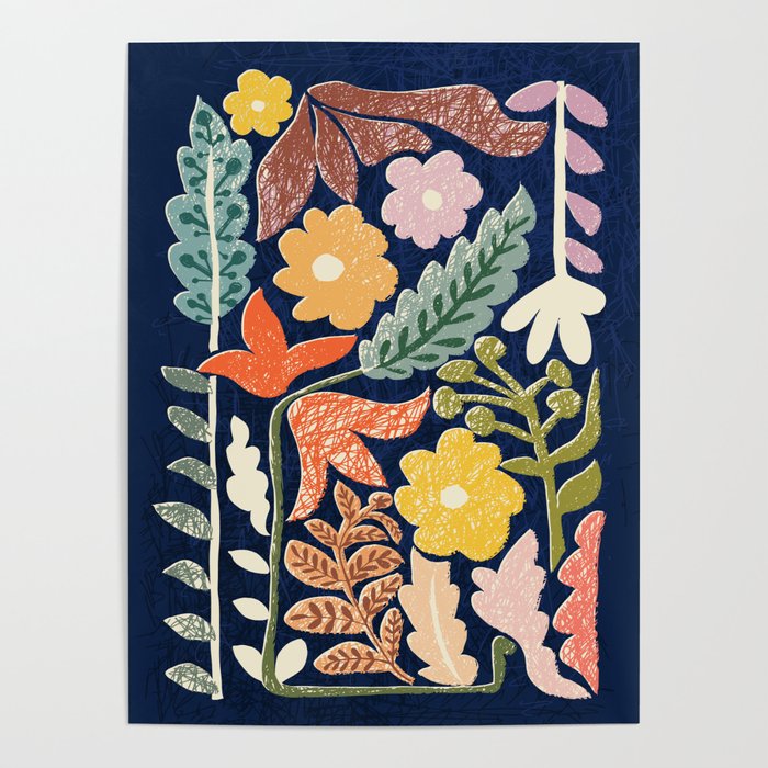 Block print summer meadow dark blue Poster Gallery Image 4