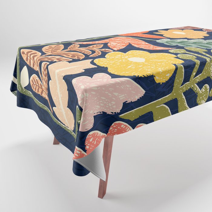 Block print summer meadow dark blue Tablecloth Gallery Image 1