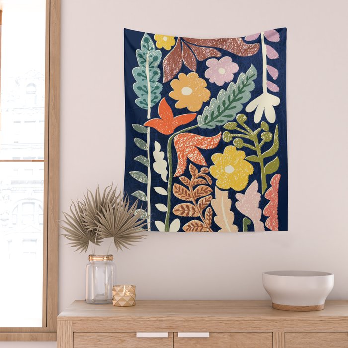 Block print summer meadow dark blue Wall Tapestry Gallery Image 2