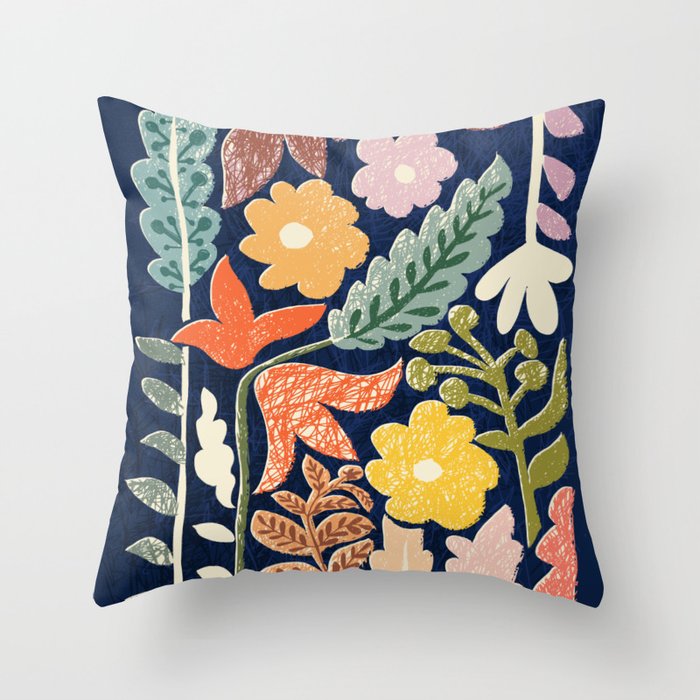 Block print summer meadow dark blue Throw Pillow Gallery Image 6