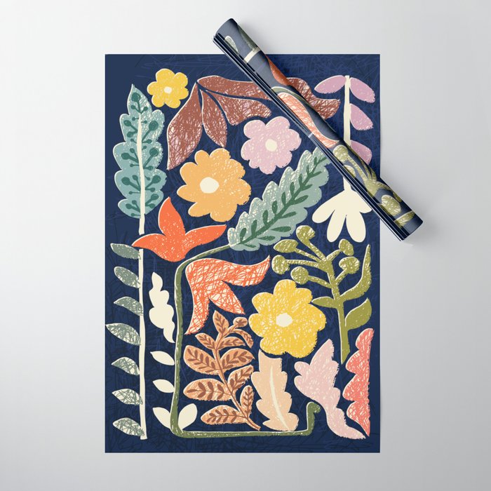 Block print summer meadow dark blue Wrapping Paper Gallery Image 1