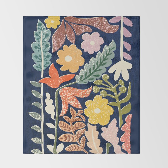 Block print summer meadow dark blue Throw Blanket Gallery Image 2
