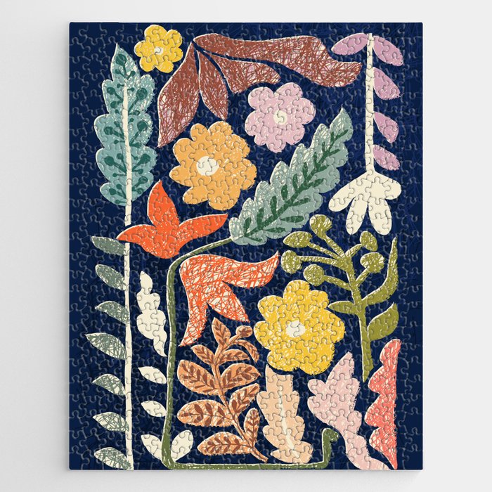 Block print summer meadow dark blue Jigsaw Puzzle Gallery Image 1