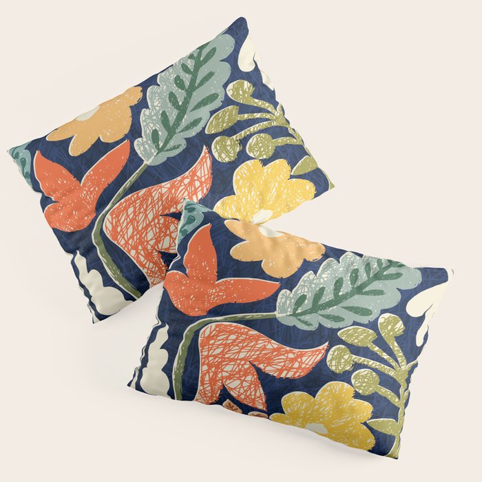 Block print summer meadow dark blue Pillow Sham Gallery Image 1