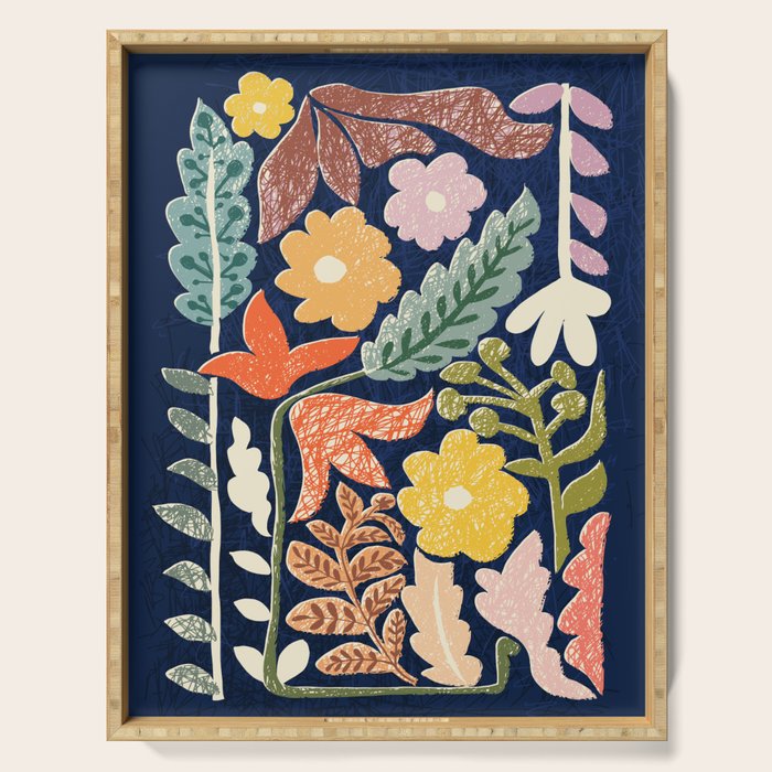 Block print summer meadow dark blue Serving Tray Gallery Image 1