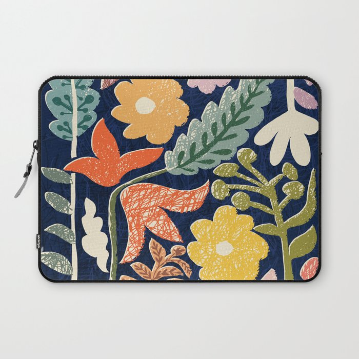 Block print summer meadow dark blue Laptop Sleeve Gallery Image 1
