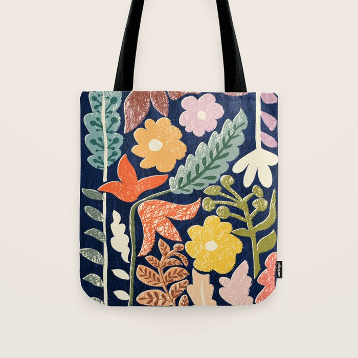 Block print summer meadow dark blue Tote Bag Gallery Image 1