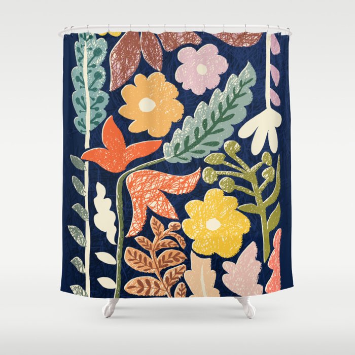 Block print summer meadow dark blue Shower Curtain Gallery Image 1