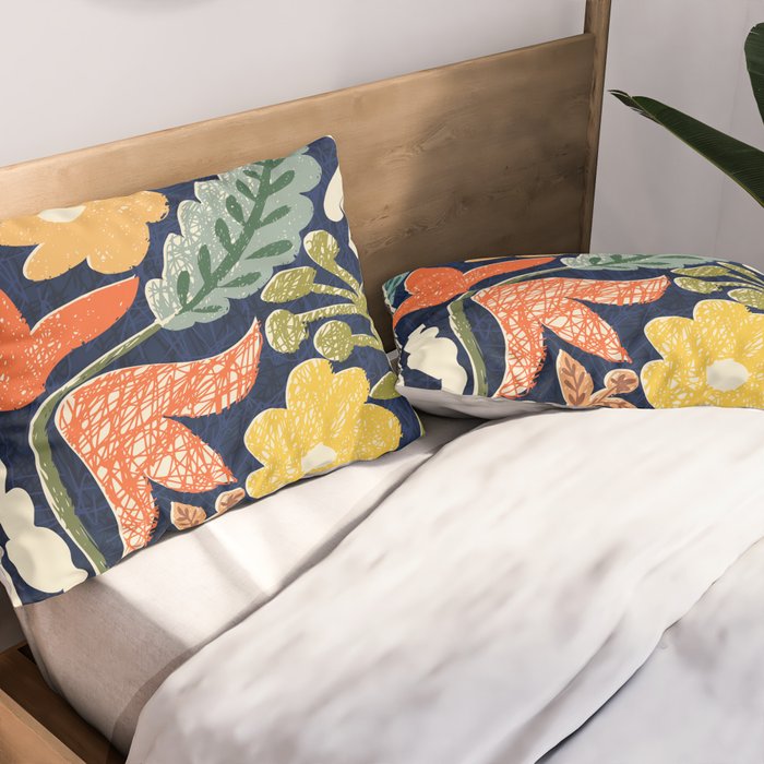Block print summer meadow dark blue Pillow Sham Gallery Image 2