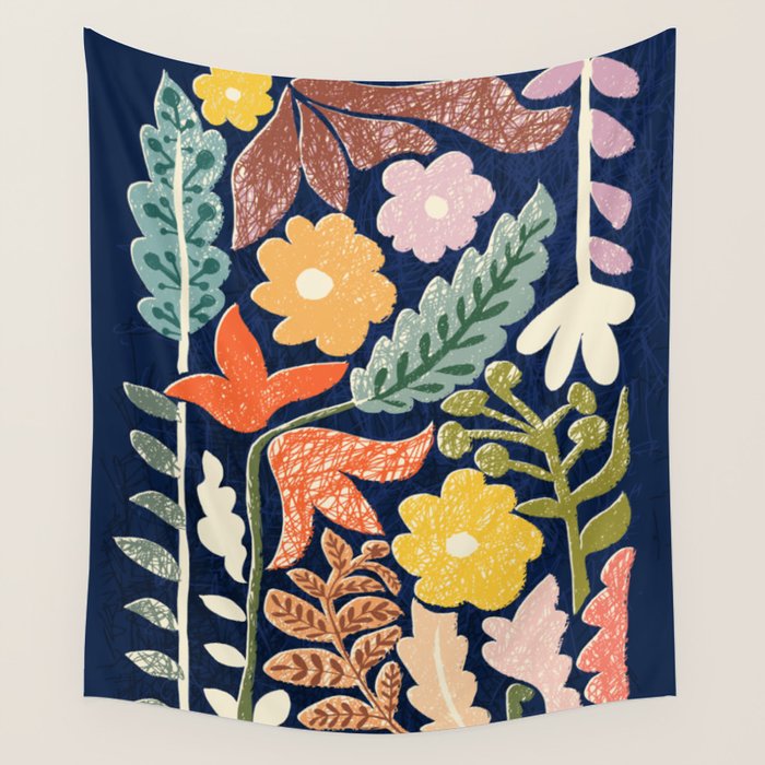 Block print summer meadow dark blue Wall Tapestry Gallery Image 1