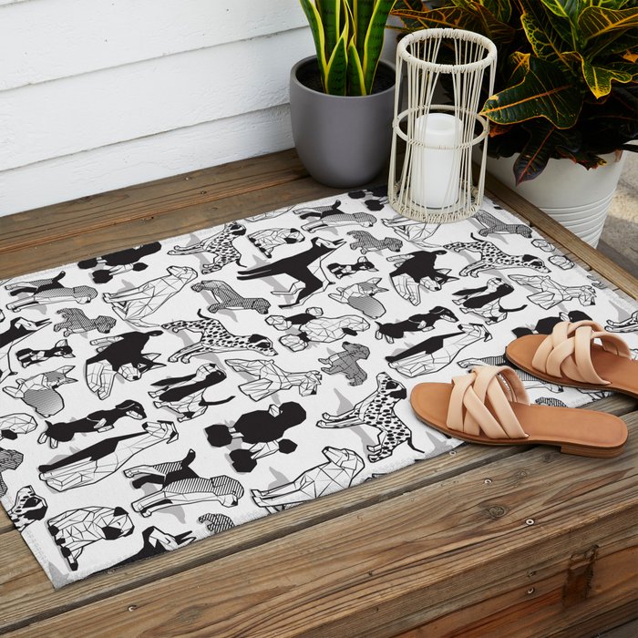 Geometric sweet wet noses // white background black and white dogs Outdoor Rug Gallery Image 2