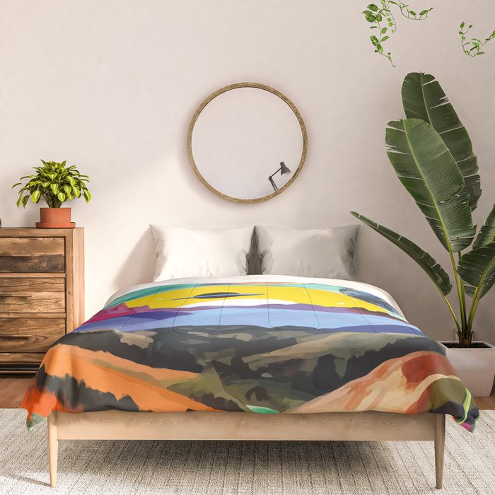 The Inner Space Landscape, Abstract Planets Painting Eclectic, Voyage Sun Moon Stars Voyage, Mountains Mars Bohemian Fantasy Comforter Gallery Image 3