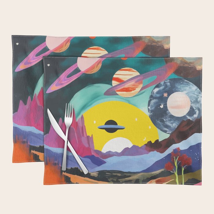 The Inner Space Landscape, Abstract Planets Painting Eclectic, Voyage Sun Moon Stars Voyage, Mountains Mars Bohemian Fantasy Placemat Gallery Image 1