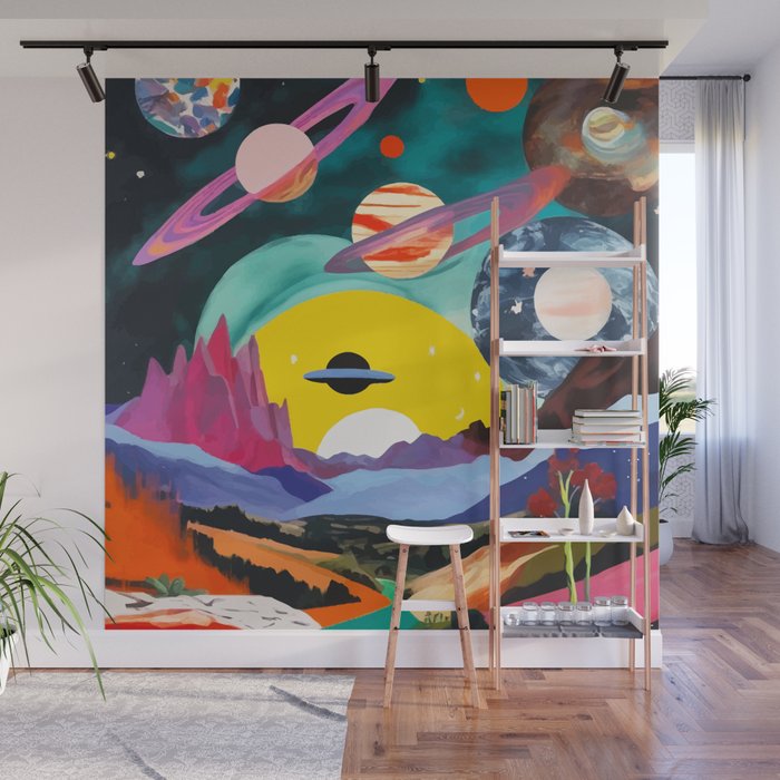 The Inner Space Landscape, Abstract Planets Painting Eclectic, Voyage Sun Moon Stars Voyage, Mountains Mars Bohemian Fantasy Wall Mural Gallery Image 1