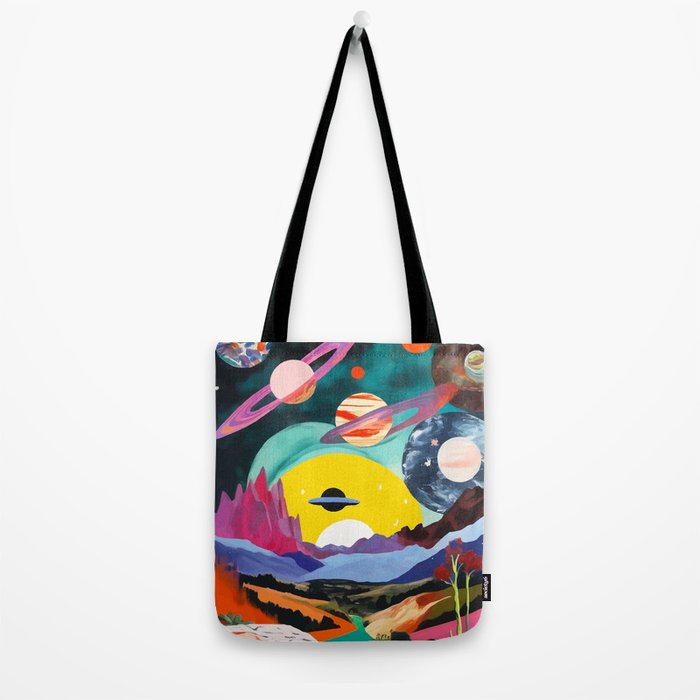 The Inner Space Landscape, Abstract Planets Painting Eclectic, Voyage Sun Moon Stars Voyage, Mountains Mars Bohemian Fantasy Tote Bag Gallery Image 2