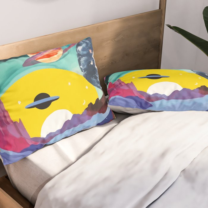The Inner Space Landscape, Abstract Planets Painting Eclectic, Voyage Sun Moon Stars Voyage, Mountains Mars Bohemian Fantasy Pillow Sham Gallery Image 2